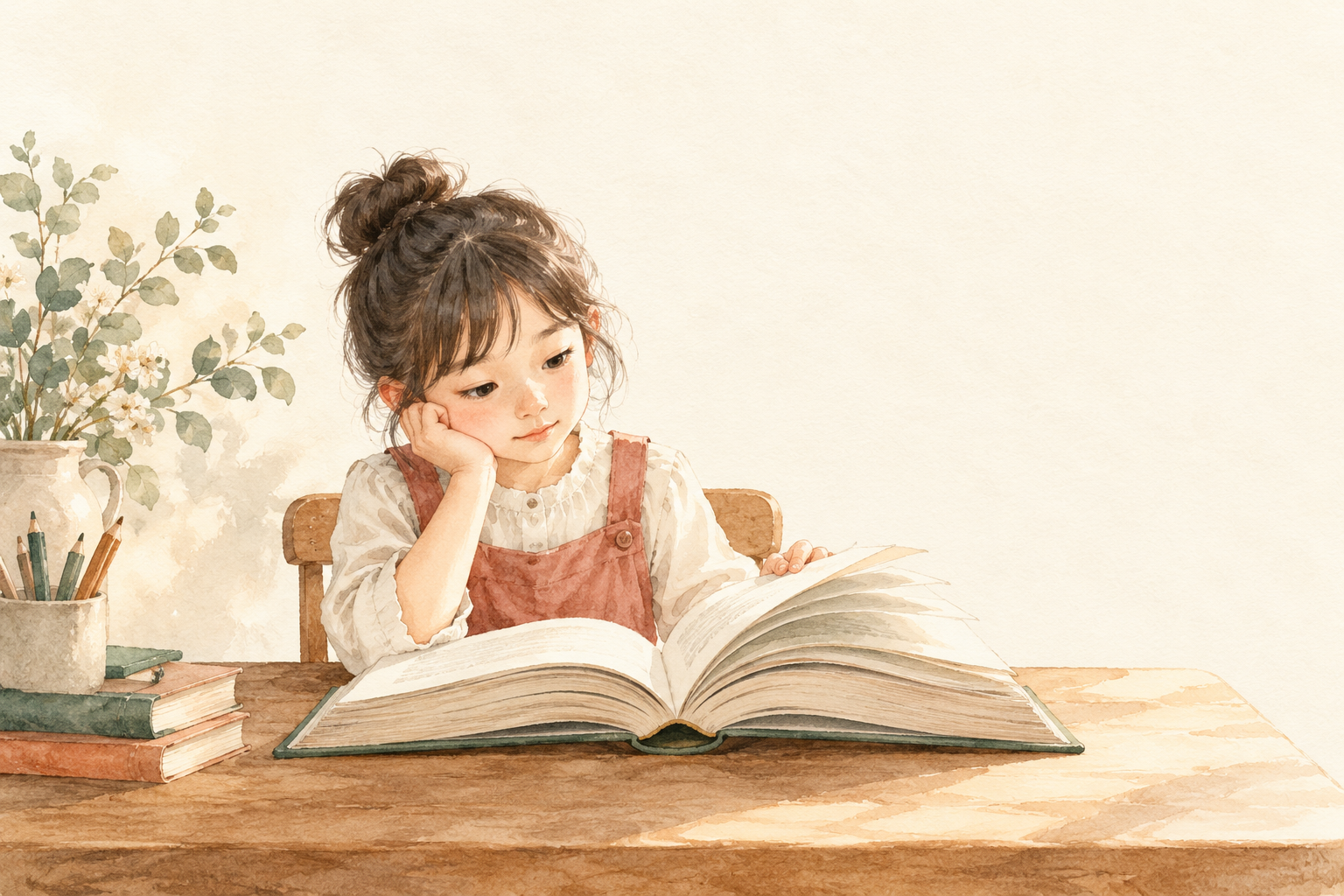 두꺼운 책 앞에서 잠시 망설이는 아이를 표현한 일러스트